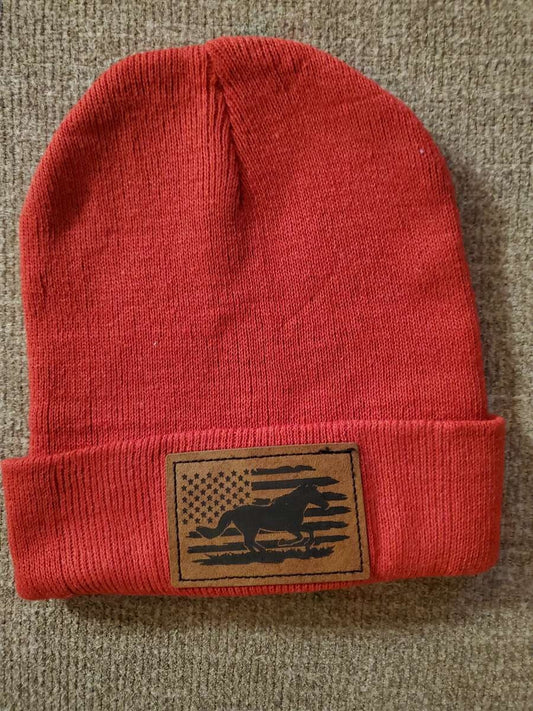 American Flag & Horse-Engraved Leather Patch Beanie - Choose from 4 Colors